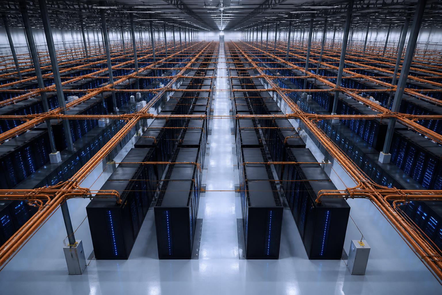 Wide view of a hyperscale data hall with overhead orange piping