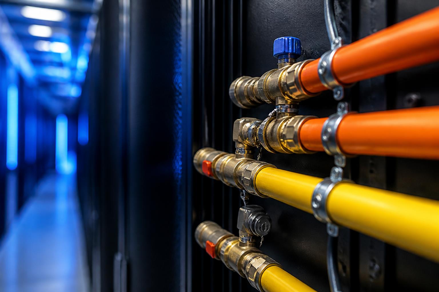 Close-up of orange supply and yellow return manifold pipes with quick-disconnect couplings
