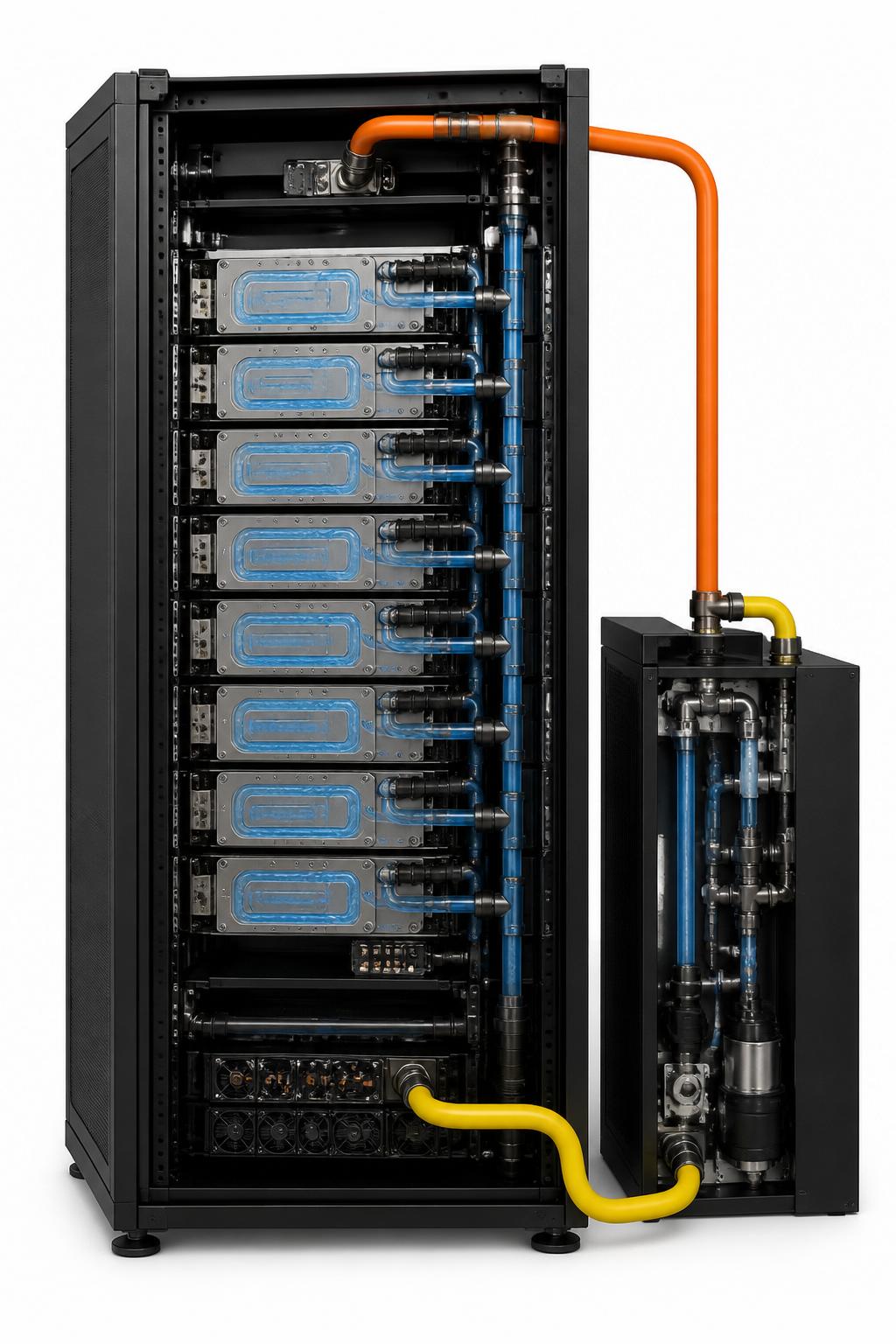 Liquid-cooled rack showing orange supply pipe, blue cold plates, yellow return, and side CDU